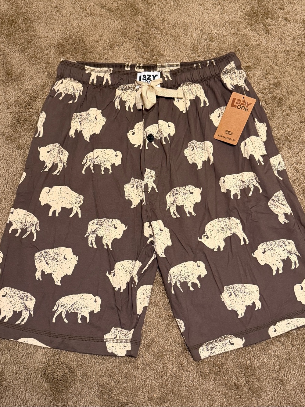 Buffalo Bison Lazy One Pajama Shorts Mens Medium Brown 9” Inseam Elastic Waist